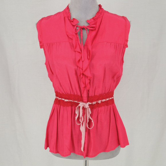 Free People Tops - Free People Top Womens Small Pink Cotton Blouse Button Up Tie Waist Ruffle Vtg